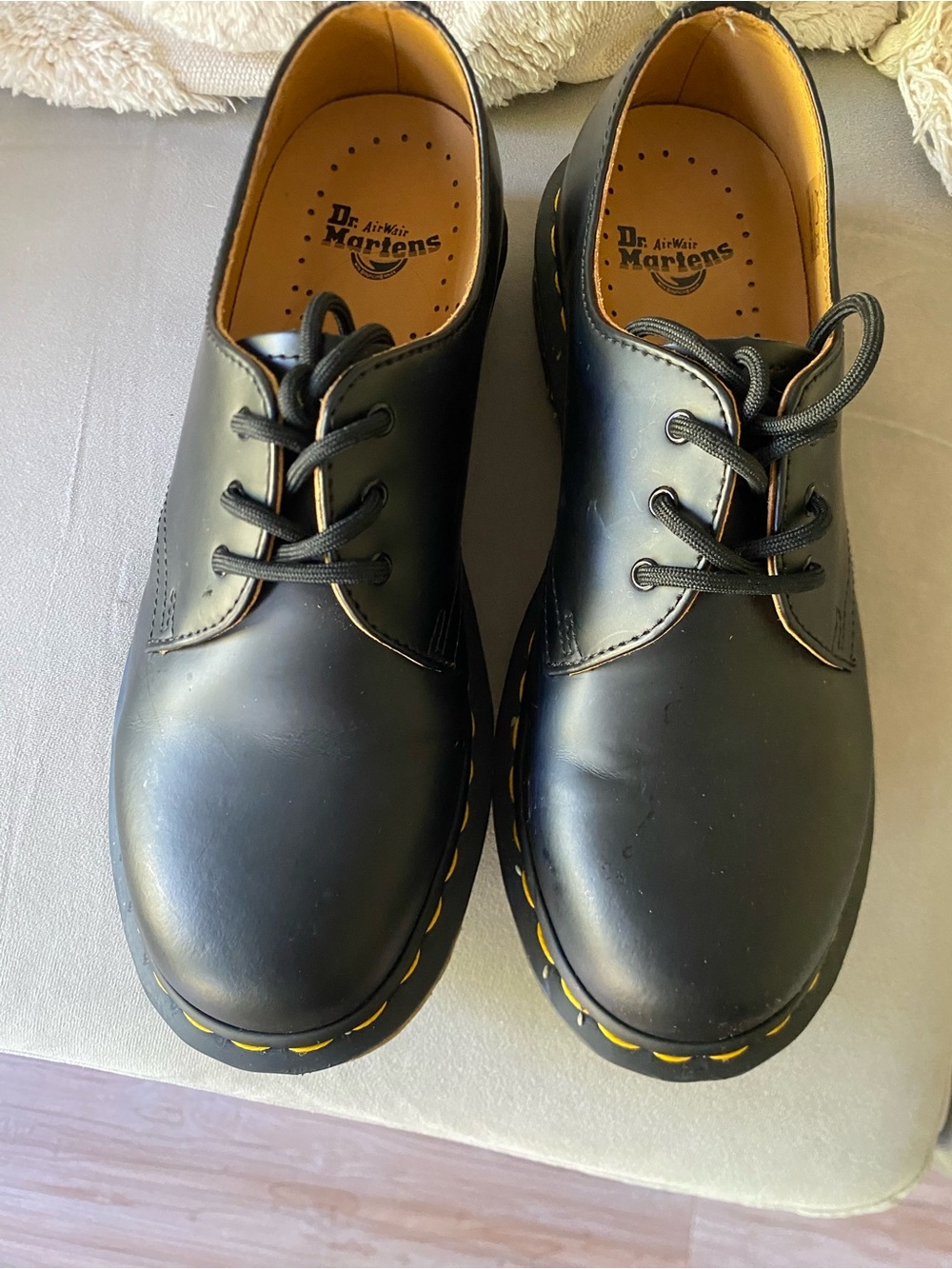 Dr. Martens Black Leather 3-Eye Lace Shoes with Yellow Stitching